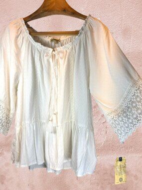 NWT Democracy Lace Sleeve Dobby Weave Lace Insets Tassel Tie Peplum Top L $68